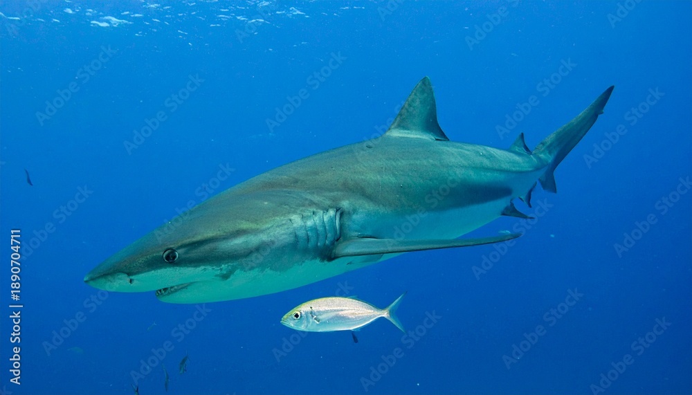 Obraz premium Shark Swimming Underwater with Small Fish