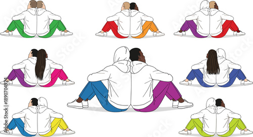 Diverse pairs sitting back-to-back in hoodies, colorful pants, unity and individuality concept, fashion illustration, relationship diversity artwork