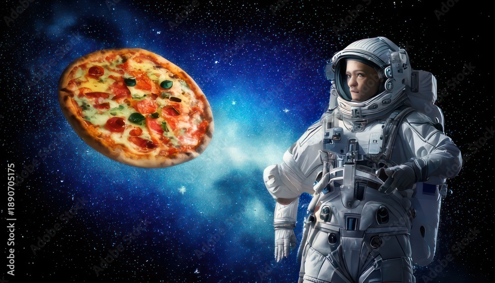 Fototapeta premium Astronaut in Space with Pizza - A Cosmic Culinary Adventure.