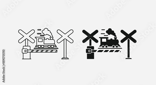 Black and white illustrations of train crossings with railroad signs on a plain background.