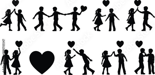 Couples proposing with heart symbols, black silhouette illustration, romantic gesture, emotional connection, love concept, relationship artwork, engagement scene