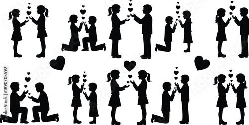 Romantic proposal silhouettes with heart symbols, black and white illustration, emotional connection, love gesture, relationship concept artwork