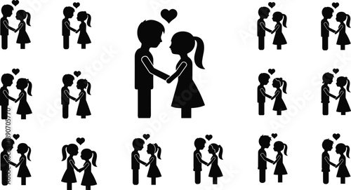 Couples holding hands with heart symbols, black silhouette grid illustration, romantic connection, love unity, relationship concept artwork