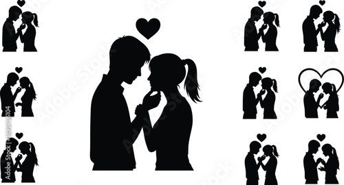 Couples in romantic poses with heart symbols, black silhouette grid, emotional connection, love illustration, relationship concept, white background