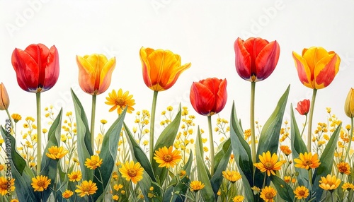 Vibrant tulips and wildflowers in full bloom, a colorful spring garden scene.