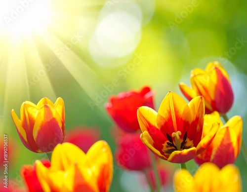 Vibrant tulips bask in the sunlight, showcasing a beautiful spring bloom in a garden setting.