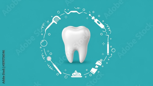 International Oral Health Day healthy white tooth central to essential oral hygiene tools and professional dentistry equipment, symbolizing comprehensive oral health and wellness