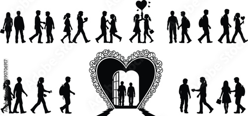 Couples walking together in silhouette, heart frame centerpiece, black and white love illustration, romantic connection, emotional relationship concept