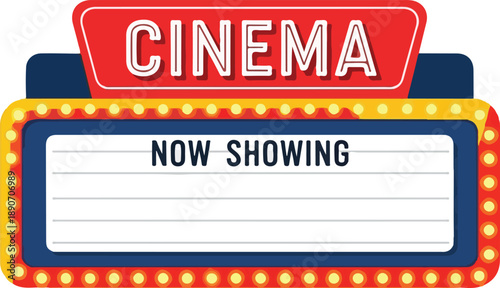 Cinema Signboard with Lights and Text Now Showing, Capturing Entertainment Venue, Urban Scene, and Front View