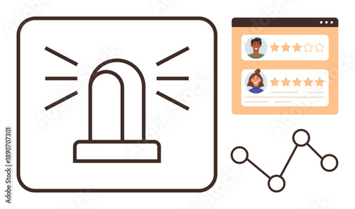 Online security, user experience, customer feedback, risk management, data tracking, analytics. A warning light, user ratings and analytics diagram. Online security and user experience