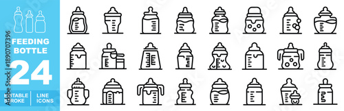 Comprehensive infant and toddler feeding line icon set. Editable stroke icons for maternity retail, pediatric clinics, and nursery care apps. Featuring a wide variety of nursing bottles, sippy cups 