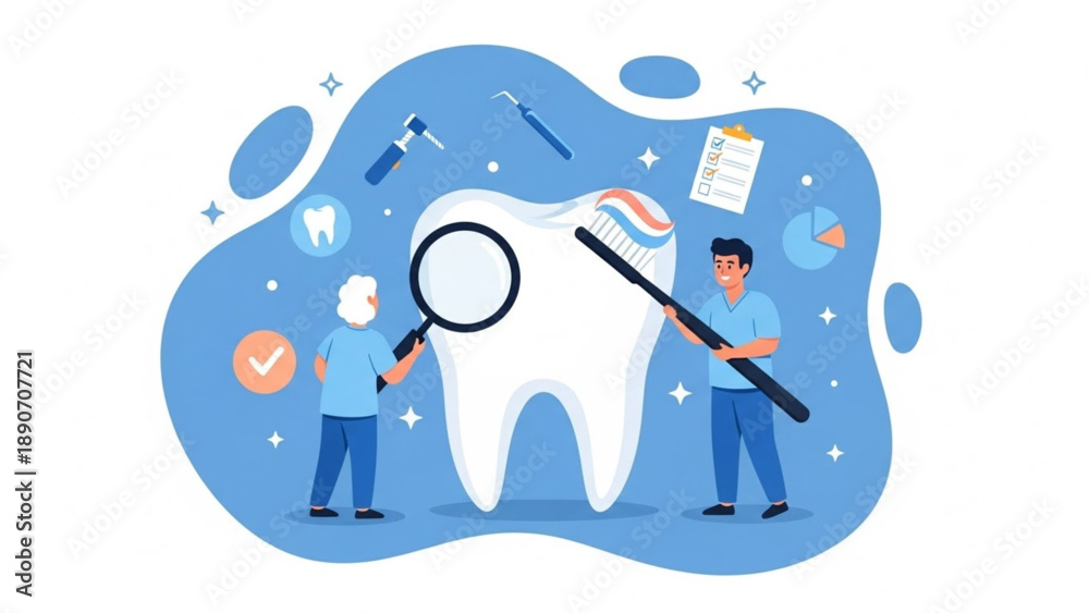 Fototapeta premium International Oral Health Day Professional Dental Health Check-up and Oral Hygiene Care Concept. Cartoon Illustration of People Brushing and Inspecting a Large Tooth for Prevention and Wellness