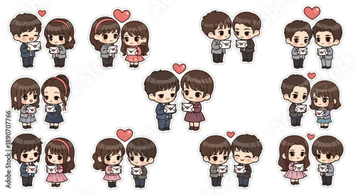 Collection of cute cartoon chibi couples exchanging love letters and cards with hearts, symbolizing romance and affection.