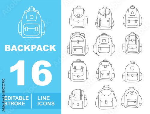 Comprehensive backpack line icon set for various lifestyles. Editable stroke icons featuring diverse rucksack designs, including classic school bags, outdoor hiking packs, minimalist urban daypacks