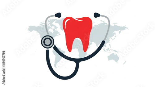 International Oral Health Day Global Dental Health Awareness A Red Tooth Icon with a Stethoscope on a World Map Background
