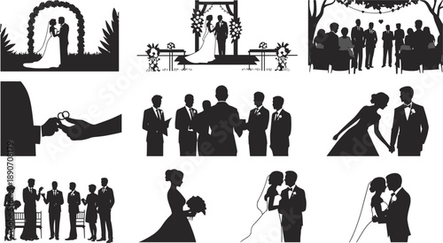 Wedding silhouette set, bride and groom ceremony scenes, romantic marriage moments, black vector illustration, engagement celebration, isolated white background, stock