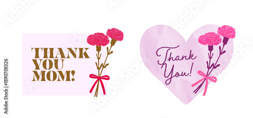 薄いピンクと金色・薄いピンクハートとカーネーションの母の日のメッセージカードに使える素材セット