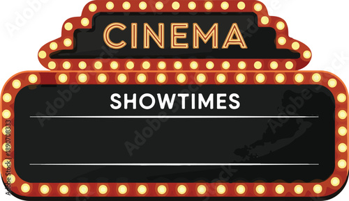 Cinema showtimes sign with decorative lights and classic marquee design illustration