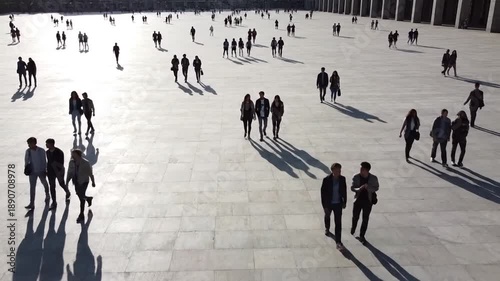 People walking in vast plaza.