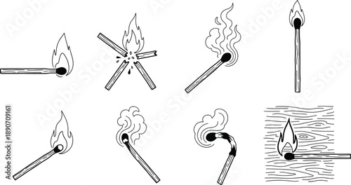 Black and white matchstick fire illustration set showing ignition stages, burning flames, smoke and sparks, minimal line art icons isolated on white background