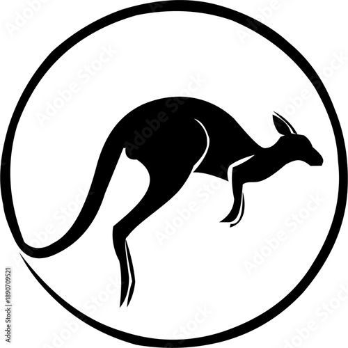 Silhouette of a kangaroo (Macropus) within a circular border. The kangaroo is depicted in mid-jump, emphasizing its long tail and strong hind legs.