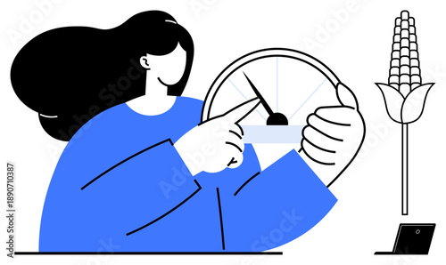 Agriculture, technology, innovation, progress, measurement, digital farming. Woman holding a speedometer with corn and a mobile device. Agriculture and technology concepts