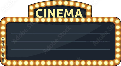 Classic Cinema Sign Illuminated with Bright Lights and Empty Blackboard