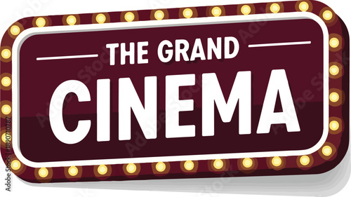 Vintage Cinema Sign with Golden Lights and Maroon Background, Cinema, Entertainment Venue, Signage, Nightlife, Front View
