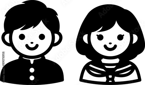 男子中学生と女子中学生のアイコンセット 学生の人物イラスト モノクロ ベクター素材　Junior High School Boy and Student Girl Icon Set Monochrome Vector
