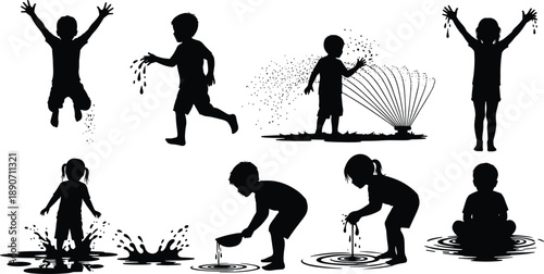 Children playing with water silhouette set, joyful kids splashing, jumping and exploring puddles and sprinklers, black vector illustration for summer fun, 