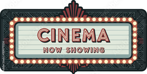 Vintage cinema marquee sign with bright lights and classic design now showing iconic movie title