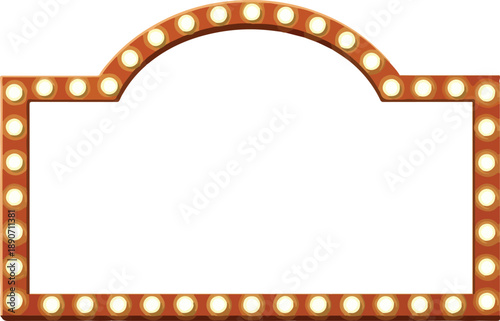 An ornate marquee sign with glowing bulbs, brown frame, and arched top, viewed straight on, is empty.