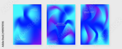 Set of electric blue and purple neon mesh gradient posters with glowing fluid shapes for tech and music