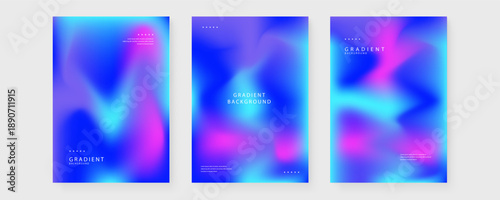 Set of three professional vertical posters with vibrant blue and pink holographic liquid wave shapes and minimalist typography