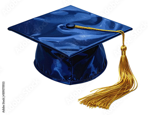 Royal blue graduation cap with gold tassel on black background