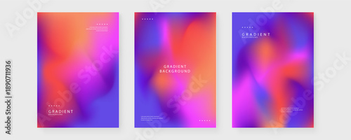 Professional set of three abstract posters featuring warm orange and cool purple fluid mesh gradient backgrounds