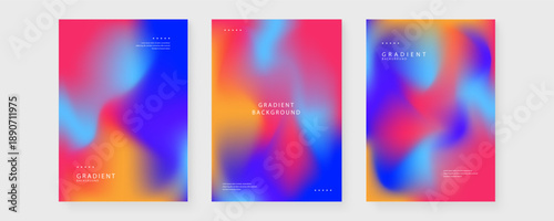 Three vertical posters featuring a bold tri-tone color scheme of blue red and orange in fluid gradient shapes
