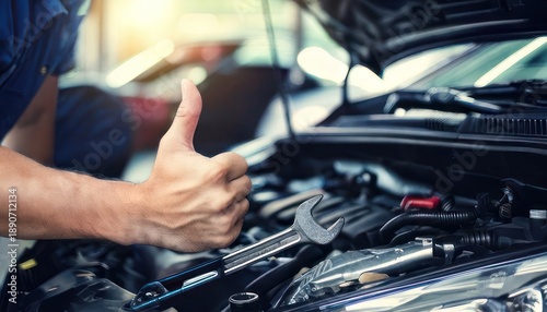 Car mechanic giving thumbs up after successful engine repair.