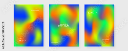 A professional collection of three vertical poster templates featuring organic fluid shapes in high contrast green blue and orange gradients