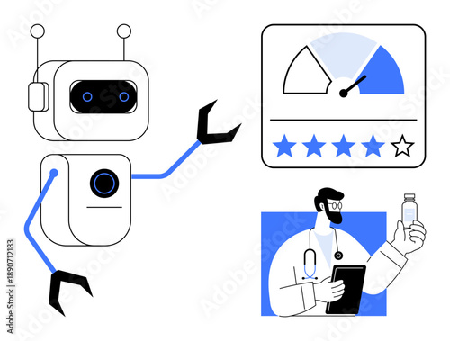 Healthcare automation. Robot assisting in medical services, doctor reviewing prescription, and performance metrics. Healthcare automation enhancing efficiency, precision, and analysis. For AI