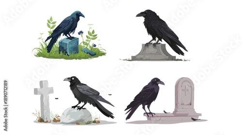 A crow sitting on a gravestone, dark gothic illustration isolated on white background