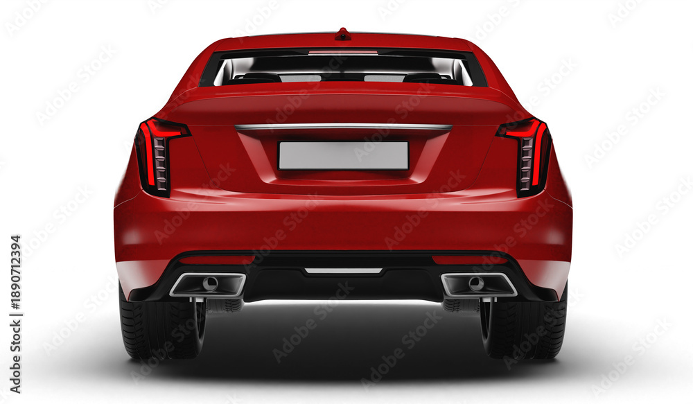 Naklejka premium Photorealistic 3D render of a sleek modern red sedan car in full rear view isolated on transparent background