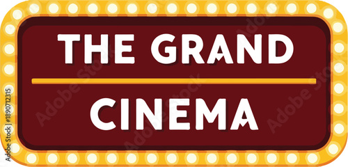 Marquee sign for a grand cinema in a vibrant entertainment district at dusk from a straight-on viewpoint