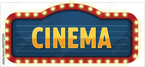 Vintage cinema sign with bright lights and bold lettering at the movie theater entrance