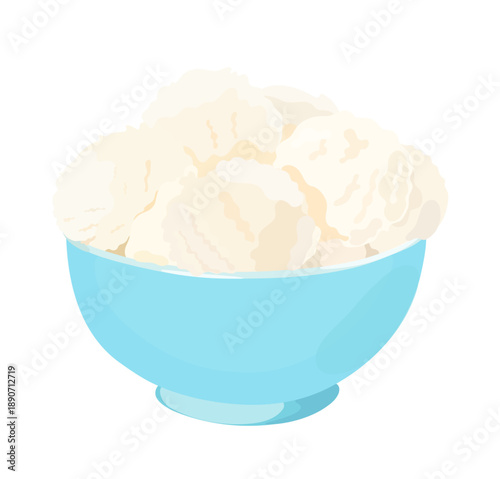 Tasty cartoon vanilla ice cream ball in blue bowl. Summer vector hand drawn dessert illustration isolated on white background.