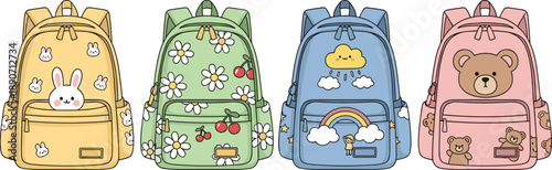 Cute kids backpack illustration set featuring pastel school bags with animal and floral patterns, kawaii style designs for children education, kindergarten, and back to school concepts