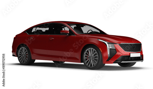 Photorealistic 3D render of a sleek modern red sedan car in front right quarter view isolated on transparent background