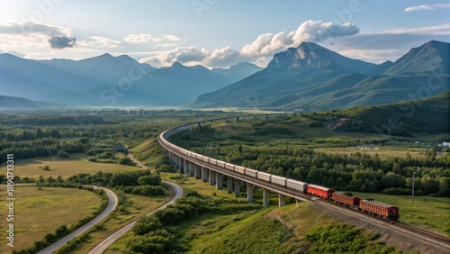 freight train moving through mountains, long cargo line, scenic landscape