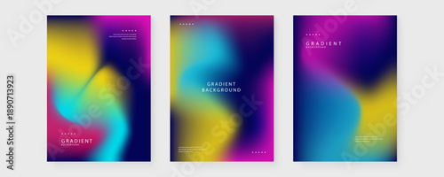 High contrast abstract posters with deep blue magenta and yellow glowing mesh gradient effects