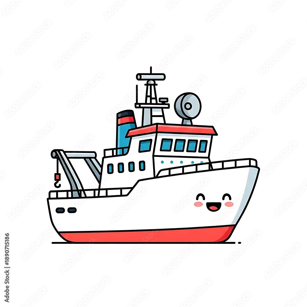Obraz premium Cartoon Fishing Boat with Happy Face Illustration.